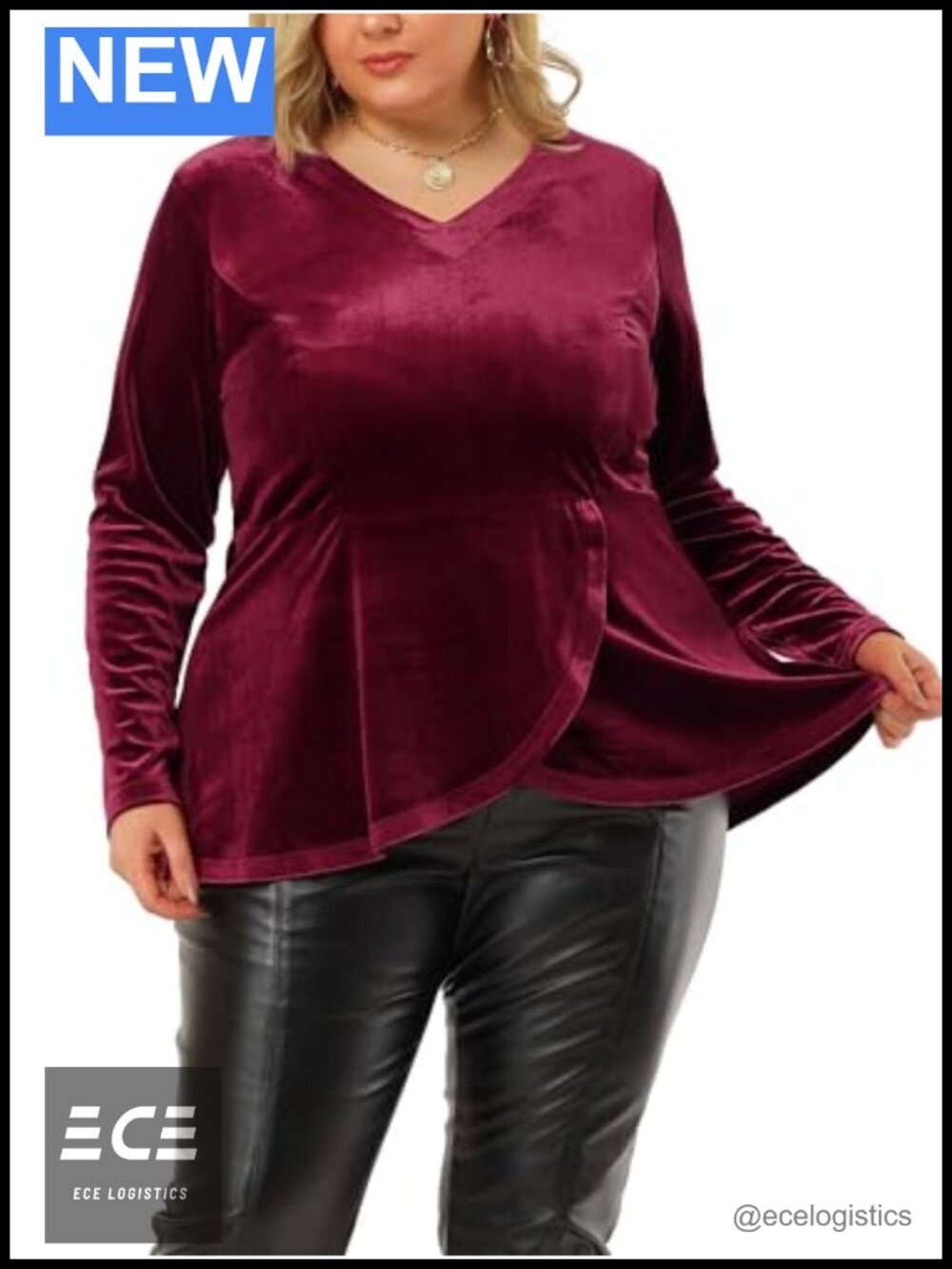 Plus Size Velvet Peplum Blouse V-Neck Tulip Hem Long Sleeve Top